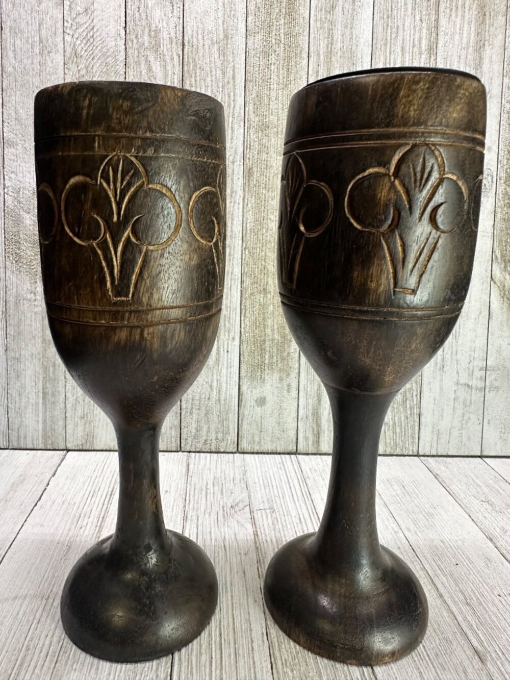Vtg Wooden Goblet Style Candlestick Holders Carved Rustic Decor Set of 2 India
